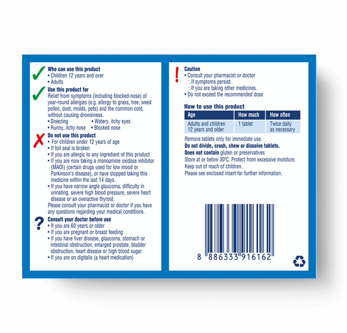 back_reverse view of Claritin-D 12 hour tablets package